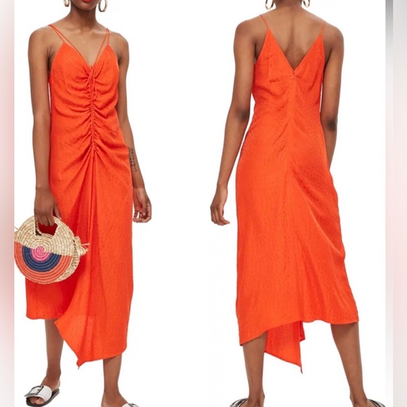 Topshop Dresses & Skirts - TOPSHOP Women’s Jacquard Ruched Slip Dress Maxi Asymmetrical Hem Red Size 6